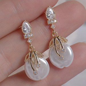 NEW 14K Gold Plated Fresh Water Pearl Diamond Bow Knot Earrings